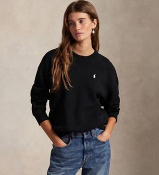 Polo Ralph Lauren para mujer. 211971697003 Sudadera de felpa con cuello redondo negro (M), Casual, Algodón