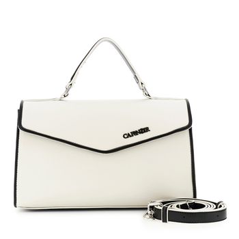 bolso de mano con solapa, asa acolchada y bolsillo trasero. white