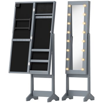 HOMCOM Espejo Joyero con Luces LED Armario para Joyas Armario Joyero de Pie con Espejo Entero Ángulo Ajustable Gris