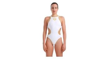 Traje de bano arena one big logo para mujer oro blanco