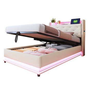 Cama Tapizada De 90x200 Cm, Con Luces Y Puerto Usb, Hidráulica, Individual, Color Beige.