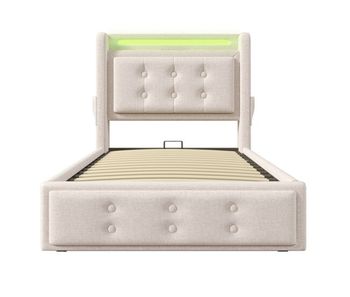 Cama individual tapizada 90x200 - cabecero led, carga usb c, hidráulica, estructura madera y metal - beige