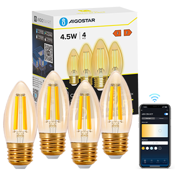 Aigostar Edison Bombillas Alexa LED E27 Bombillas Inteligentes 4.5W 470LM WIFI Bombilla Vintage C35 Bombillas Filamento Regulable 2700K-6500K， compatible con Alexa/Google Home. ámbar 4 pack