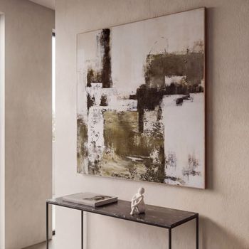Cuadro pintado abstracto en verde y beige, 120x120 cm