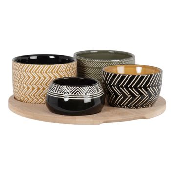 Set de 4 cuencos para aperitivos de cerámica multicolor y bandeja de bambú