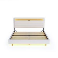 cama acolchada de tejido de lino 160x200cm con toma usb y led cabecero reversible beige