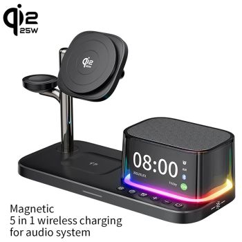 C09Plus Cargador Inalámbrico Magnético Qi2.2 5-en-1 de 25W Soporte de Carga Rápida Inalámbrica con Pantalla de Tiempo al