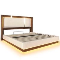 cama de lino beige 140 x 200 cm con acabado nogal led y almacenaje hidraulico