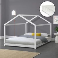 cama para ninos con colchon de espuma fria - cama infantil - 200x140cm - estructura forma casa de madera pino - certificado oeko-tex 100 - blanco encasa