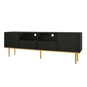 Mueble De Tv Moderno, Mueble Para Televisor 165 Cm Con Cajones Y Apertura A Presión, Tablero De Partículas, Mesa De Tv Negro Y Dorado.