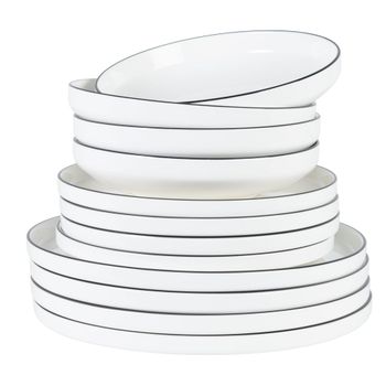 Vajilla de porcelana blanca con borde negro de 12 piezas