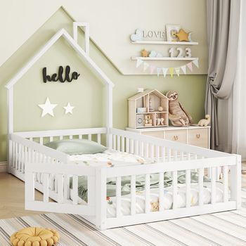 Cama Cabaña Infantil 90x200 Cm, Con Somier De Lamas, Forma De Chimenea, Pino Blanco, Estilo Minimalista