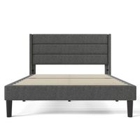 cama tapizada de 140x200 cm en lino gris oscuro cabecero de diseno de 3 paneles somier incluido sin boxspring altura 29 cm