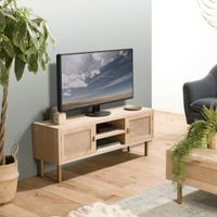 mueble tv de 2 estantes y 2 puertas de yute y patas de metal dorado