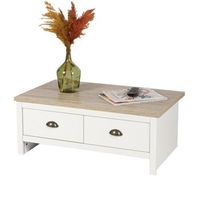 mesa baja con 2 cajones de diseno colonial - 90x53xh36 cm color blanco y tapa de roble claro - coleccion madera