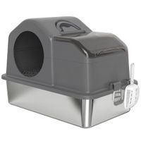 pawhut arenero para gatos cubierto con bandeja de acero inoxidable tapa extraible bordes altos facil de limpiar gris oscuro