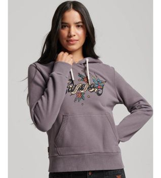 Superdry para mujer. W2011958A Sudadera gráfica con capucha Tattoo Script gris (XS), Casual, Deportivo, Algodón