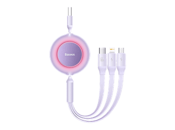 Cable USB - Baseus 3-en-1 Bright Mirror, 66W, retráctil, Carga rápida multidispositivo, USB-C a USB-C-Lightning-Micro, 110 cm, Morado