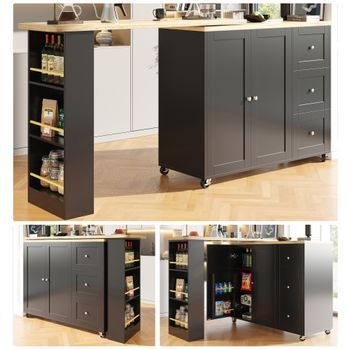Tocadiscos De 135-203x39x106cm, 3 Cajones, Estante Para Aperitivos, Con Ruedas, Color Negro.
