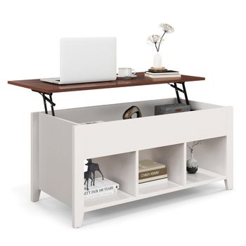 Costway Mesa Baja de Madera Elevable Mesa Centro Mesita de Sofá Multifuncional con 3 Repisas Abiertas para Salón Blanco 105 x 52 x 49 cm