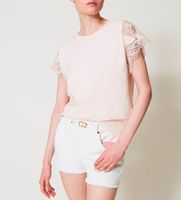 twinset para mujer 251tp2290 camiseta estandar con encaje beige l casual algodon manga corta