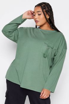 Limited Collection Camiseta Caqui Manga Larga Con Bolsillo Utility, Mujer Curvy Y Tallas Grandes, Limited Collection