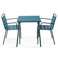 mesa de jardin cuadrada y 2 sillones apilables de acero azul pacifico