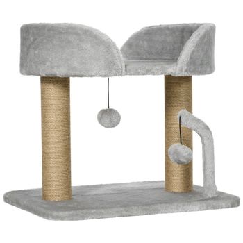 PawHut Árbol Rascador para Gatos Pequeños Altura 42 cm con Nido Bolas Colgantes y Postes de Sisal 48x38x42 cm Gris Claro