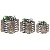 conjunto de 3 decoraciones regalos de navidad ratan con luces led blancas calidas con lazos adornos festivos para interior marron arreskov