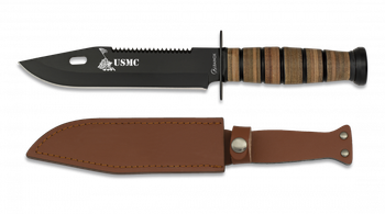 Cuchillo táctico Albainox USMC, mango de piel, hoja de acero inox de 18 cm, funda de piel