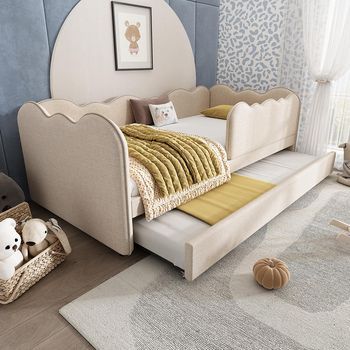 Cama Tapizada Daybett 90x190 Cm Sofá Cama Con Cama Nido 90x190 Cm Cama Infantil Con Somier De Láminas De Lino Beige Sin Colchón