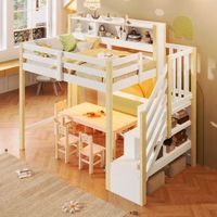 cama alta 90x200 con luces led escalera y almacenaje pino blanco