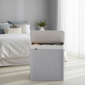 Cesto de ropa sucia de 150 l con tapa de bambú gris y blanco