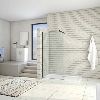 Aica Walkin Mampara Panel De Ducha De Una Hoja Vidrio Antical De 8mm Con Una Barra De 90cm Perfil Negro Mate Tamaño (58-60)x200cm