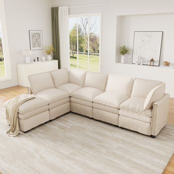 Canapé Modular Xxl Con Función De Cama, Convertible En Forma U/l, Pouf Extraíble, Doble Asiento, Chenilla Beige Moderna Para Salón Y Oficina
