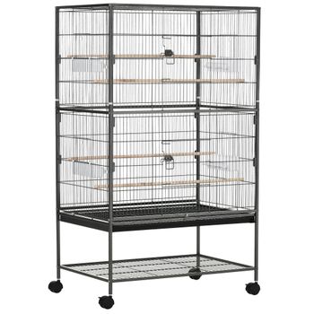 PawHut Jaula para Pájaros con Ruedas 78x52x132 cm con Bandeja Extraíble y Estante para Canarios Periquitos Gris Oscuro   Aosom España