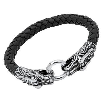 Pulsera de cuero negro cierre cabeza de dragón