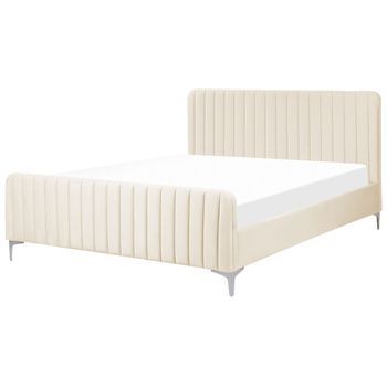 Cama Con Somier De Terciopelo Acolchado Patas Metal 160 X 200 Cm Beige Lunan