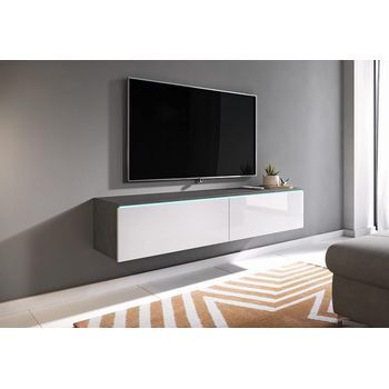 Mueble De Tv Lowboard D 140 Cm, Mueble De Televisión, Mueble De Salón, Con Iluminación Led, Color Matera/blanco Brillo