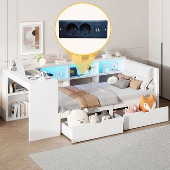 Cama Plataforma De Madera 90x200 Con Almacenamiento, Cajones, Estación De Carga Y Cabecero Acolchado, Con Luces Led De Colores, Blanco
