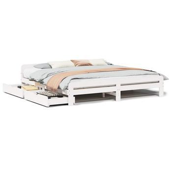 Cama De Matrimonio | Cama De Adulto | Cama Sin Colchón Madera Maciza De Pino Blanca 180x200 Cm