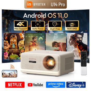 Proyector BYINTEK U14 Pro 1500 ANSI Lúmenes 4K 1080P Android 11 Bluetooth 5.0 Wi-Fi Auto Keystone Home Theater para Películas y Juegos
