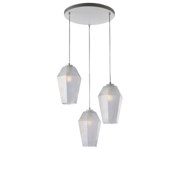 Prisma Suspensión En Hierro Lacado Blanco Con Cables Eléctricos Orientables Y Difusores De Cristal Soplado Transparente Con Dec. 3 Luces En Relieve