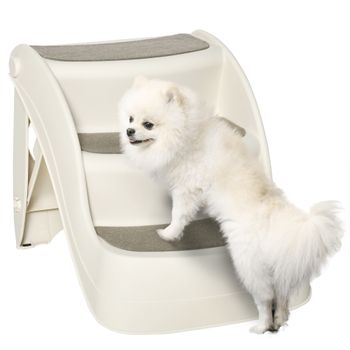 PawHut Escalera Plegable para Mascotas 3 Peldaños Antideslizantes para Perros y Gatos Acceso a Cama y Sofá 67x38x49,5 cm Crema   Aosom España