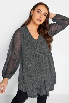Yours Top Gris Mangas De Malla, Mujer Curvy Y Tallas Grandes, Yours