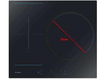 Placa inducción - Candy CTP634C, 3 Zonas, 2 Zonas Flex, Zona grande 32 cm, Float glass, 60 cm,Negro