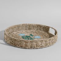 bandeja decorativa de junco de mar beige azul y verde o40 cm