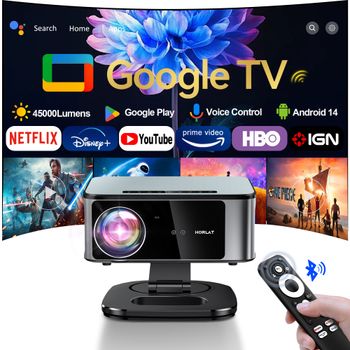 Proyector HORLAT 45000 Lúmenes Android 14 Auto Keystone Decodificación 4K 8K Video Full HD 1080P Cine en Casa 3D WiFi 5G Portátil