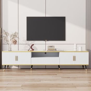 Sweiko Mueble Tv Bajo Moderno 200x40x46 Cm Aspecto Mármol Compatible 90 Pulgadas 2 Puertas 1 Cajón