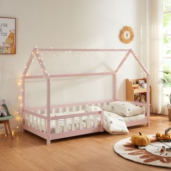 Cama Infantil Hesel En Forma De Casa Pino Con Reja 90x200cm - Rosa [en.casa]